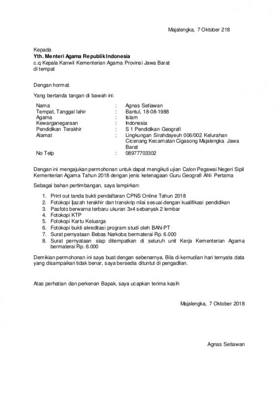 Contoh Surat Lamaran Cpns Kemenag Bagian Isi Dan Penutup 7