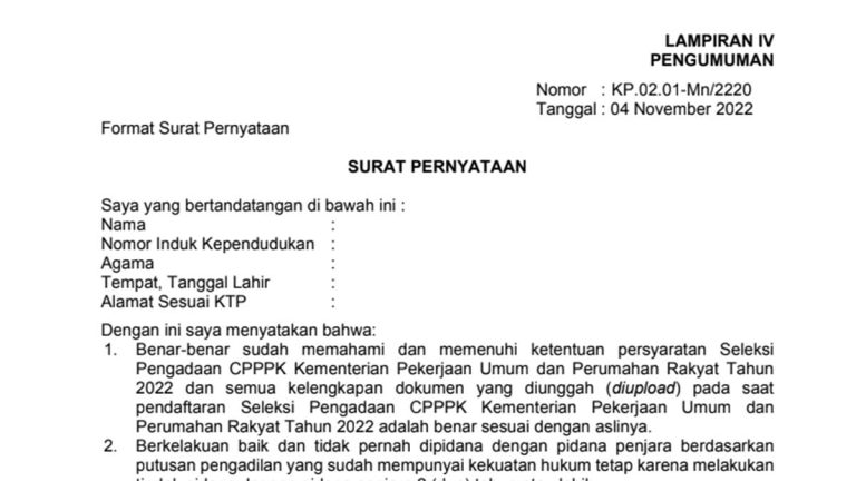 Contoh Surat Pernyataan Pppk Kementerian Pupr 2022